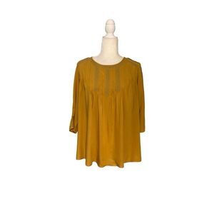 Tu (UK) mustard colored peasant blouse with pleated front - 10